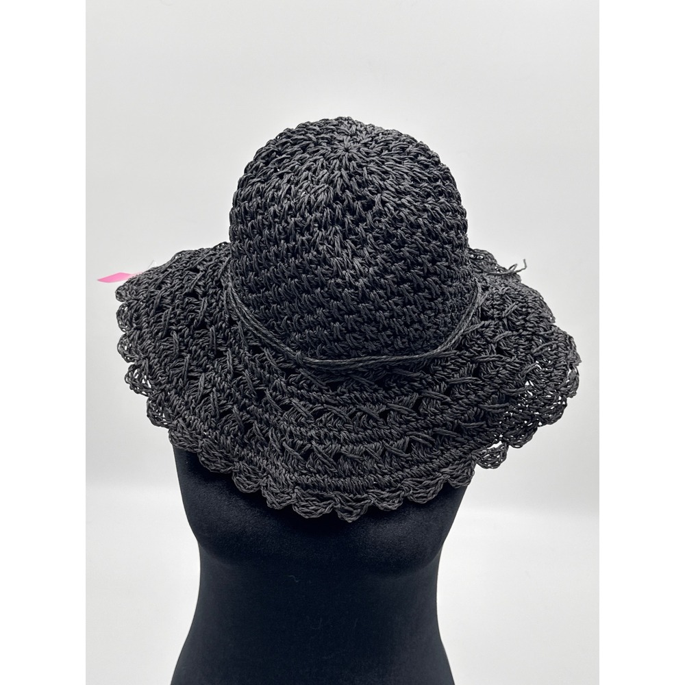Woven Black Straw Sun Hat Crochet Floppy Scalloped Brim Boho Beach Accessory